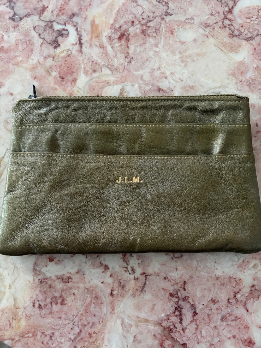 Personalized Olive Green Leather Wristlet Clutch